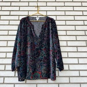Chico’s Burnout Velvet Floral Tunic Top Silk Blend Jewel Tone Boho Luxe Sz 3 XL